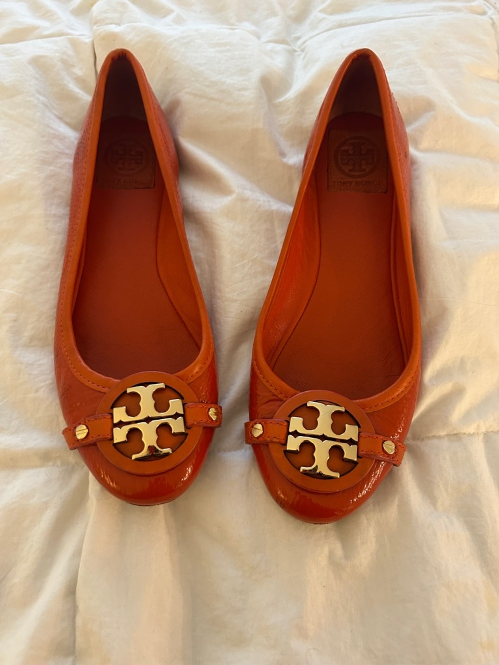 Tory Burch Bright Orange Patent Logo Ballet Flats